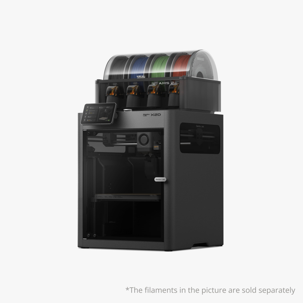 Bambu Lab X2D 3D printer with AMS multi-material system available through a high school 3D printer lease program.